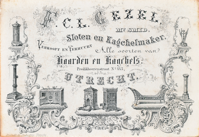710662 Porselein-visitekaartje van F.C.L. Gezel, Mr. Smid, Sloten- en Kagchelmaker, Predikheerenstraat [H] 443 te ...